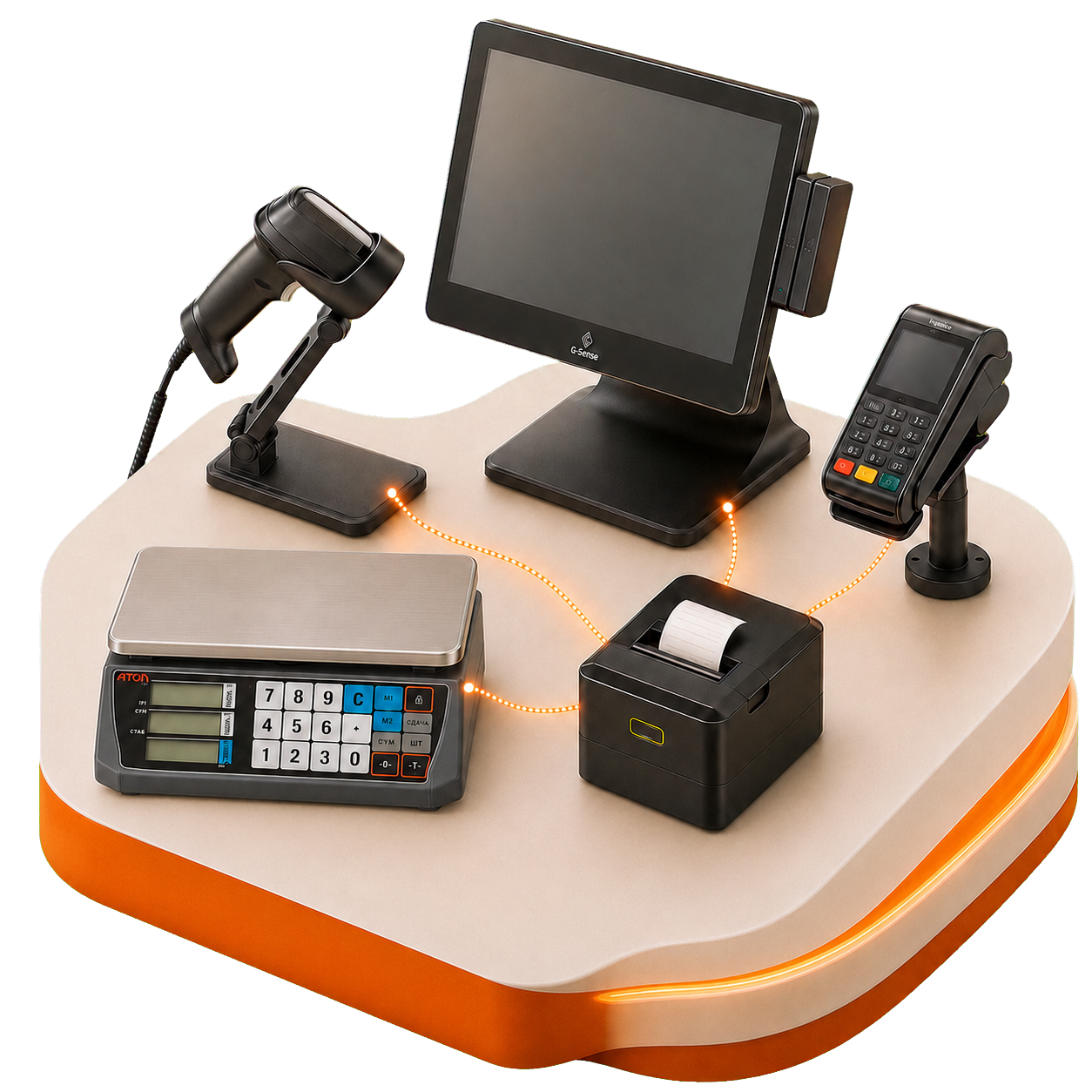 Автоматизированное рабочее место кассира: POS-моноблок G-Sense Junior 16, сканер G-Sense 1402HD, фискальный регистратор АТОЛ 35Ф, терминал Ingenico Desk 3500 и настольные весы АТОЛ MARTA